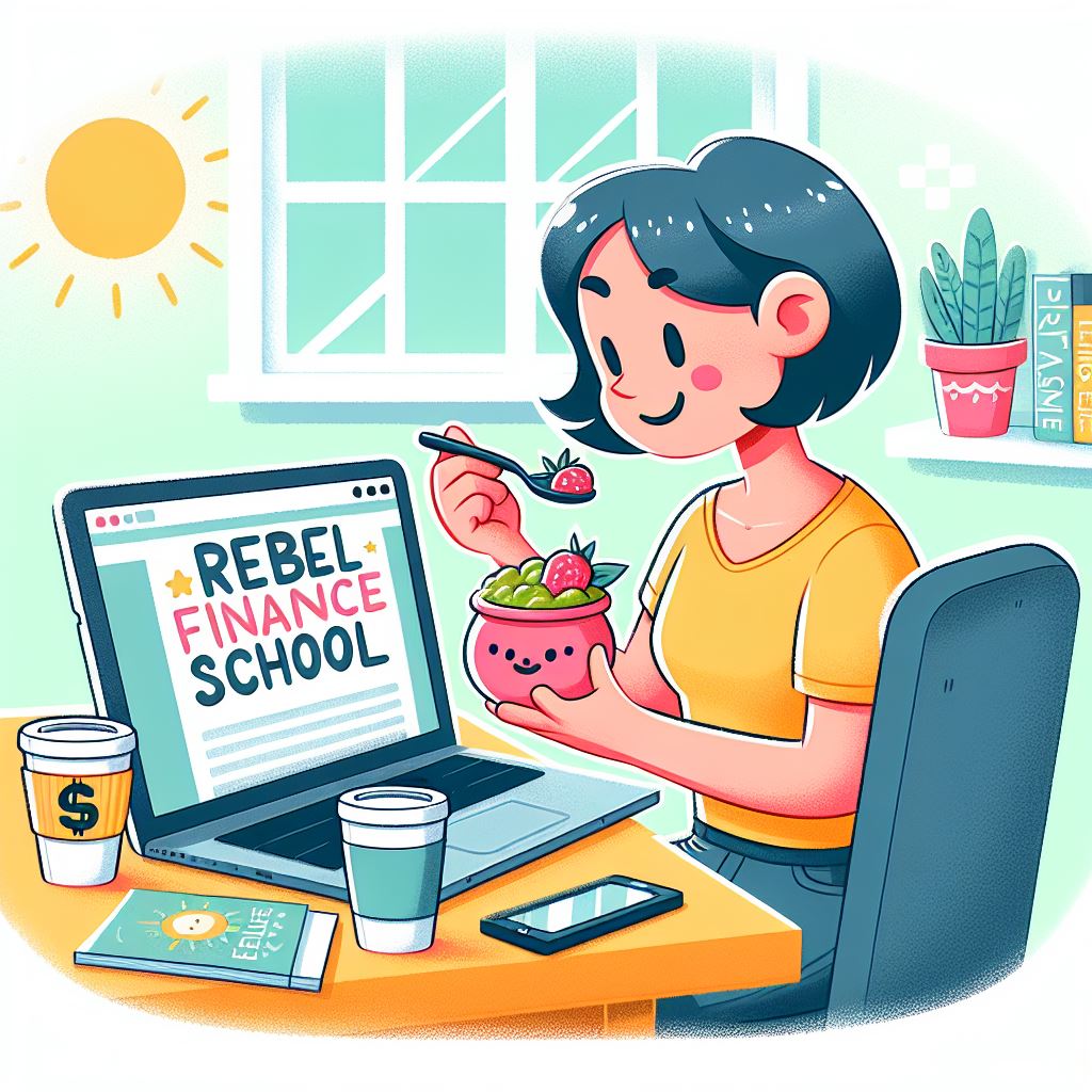 A cheerful cartoon-style illustration of a woman sitting at a desk, eating a fruit pot with a spoon