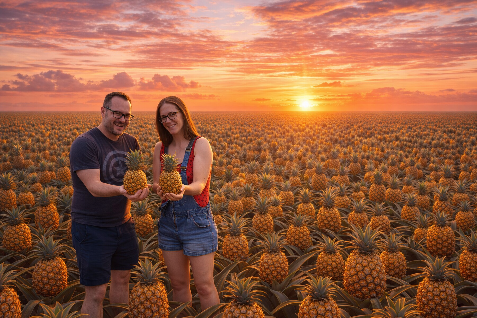 Alan and Katie Donegan standing in a vast pineapple field at sunset, holding pineapples to celebrate financial milestones.