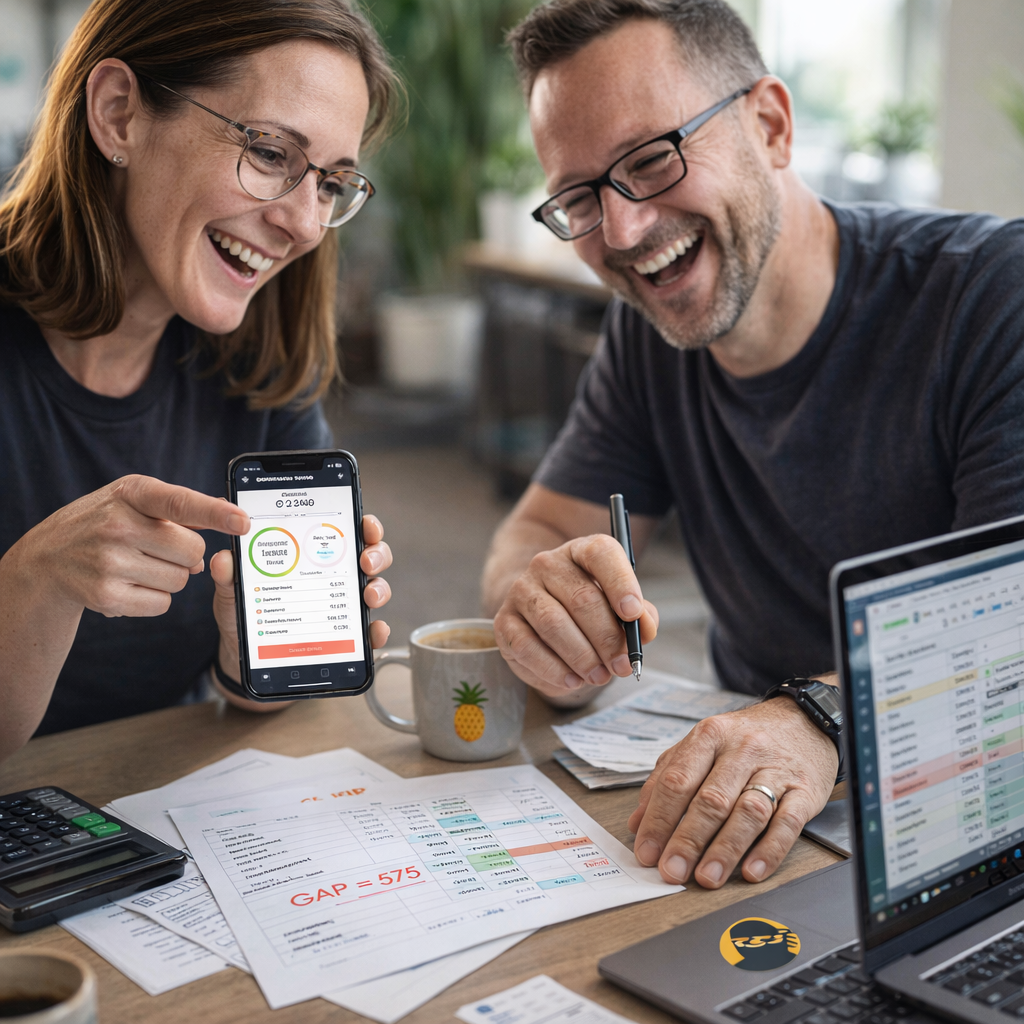 Two people tracking spending at a table with a phone, calculator, paper budget sheet, and Google Sheets open on a laptop.