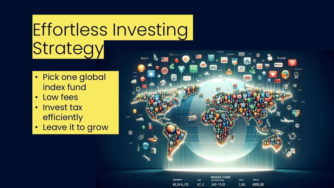 Rebel Finance School slide showing the effortless investing strategy of using low-cost global index funds