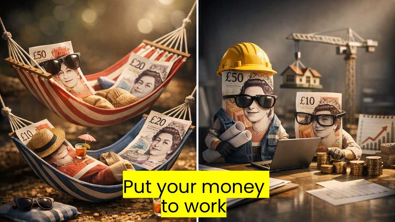 Rebel Finance School slide showing some money working hard and some money relaxing, illustrating whether your money is working for you